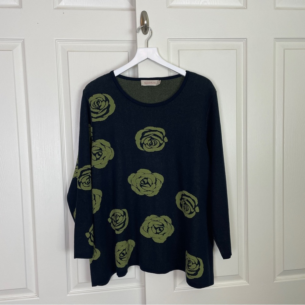 Isolde Roth Rose Floral Knit Tunic Sweater Black Olive Green Sz 2X